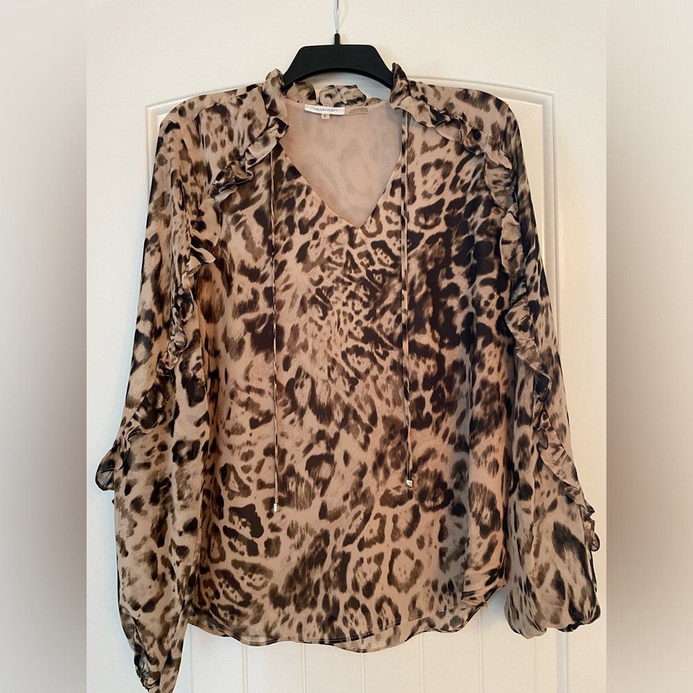 Calvin Klein Women’s Long Sleeve Blouse Tan Brown Black LG